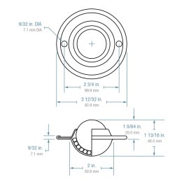 Ball Transfer; Low Profile; 1-1/2" Nylon ball; Flange (3-11/16" diameter: two 1/4" holes: 2-3/4" apart); Steel housing; 200#; 1-1/8" inch profile (Item #88818)