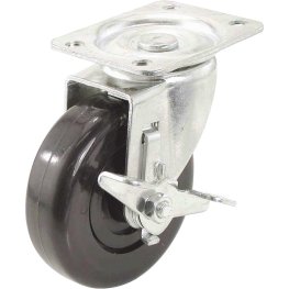 Caster; Swivel; 3" x 1-1/4"; Rubber (Hard); Plate; 2-3/8"x3-5/8": holes: 1-3/4"x2-7/8" (slots to 3"); 3/8" bolt; Zinc; Ball Brng; 300#; Dust Cover (Mtl); Brake (Item #63471)