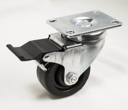 Caster; Swivel; 3" x 1-1/4"; Phenolic; Plate; 2-3/8"x3-5/8": holes: 1-3/4"x2-7/8" (slotted to 3"); 3/8" bolt; Zinc; Spanner; 300#; Dust Cover (Mtl); Pedal Brake (Item #64623)
