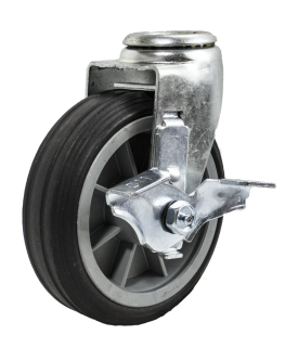 Caster; Swivel; 6" x 2"; Solid Rubber on Plastic Hub; Hollow Kingpin (1/2" bolt hole); Ball Brng; 350#; Ribbed Tread; Wheel Brake (Item #64280)