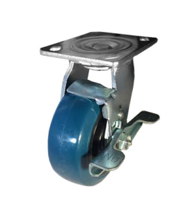 Caster; Swivel; 8" x 2"; PolyU on PolyO (Usu Red or Blue); Plate (4"x4-1/2"; holes: 2-5/8"x3-5/8" slotted to 3"x3"; 3/8" bolt); Roller Brng; 800#; Tread brake (Item #66017)