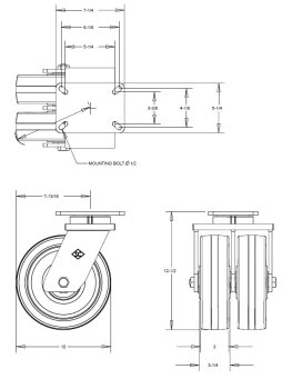 Caster; Swivel; 10" x Dual 3"; Phenolic; Plate (5-1/4"x7-1/4"; holes: 3-3/8"x5-1/4" slots to 4-1/8"x6-1/8"; 1/2" bolt); Roller Brng; 5800#; Kingpinless (Item #64362)
