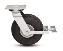 Caster; Swivel; 10" x 4"; Pneumatic (Black); Plate (4"x4-1/2"; holes: 2-5/8"x3-5/8" slots to 3"x3"; 3/8" bolt); Prec Ball Brng; 350#; USA Made; Face Brake (Item #63646)