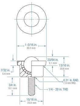 Ball Transfer; 5/8" Nylon ball; Round Machined base with Threaded Stud; 1/4"-20TPI x3/4"; Carbon steel housing; 15/16" O.D.; 125#; 3/8" load height (Item #88562)