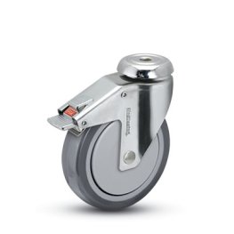 Caster; Swivel; 5" x 1-1/4"; Thermoplastized Rubber (Gray); Hollow Kingpin (1/2" bolt hole); Stainless; Prec Ball Brngs; 300#; Thread guards; Total Lock (Item #62939) Caster; Swivel; 5" x 1-1/4"; Thermoplastized Rubber (Gray); Hollow Kingpin (1/2" bolt hole); Stainless; Prec Ball Brngs; 300#; Thread guards; Total Lock (Item #62939)