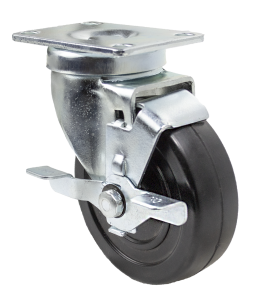 Caster; Swivel; 5x1-1/4; Hard Rubber (not Non-marking); Plate (2-1/2x3-5/8; holes: 1-3/4x2-7/8 slotted to 3; 5/16 bolt); Zinc; Nylon Spanner; 280#; Brake (Item #67397)