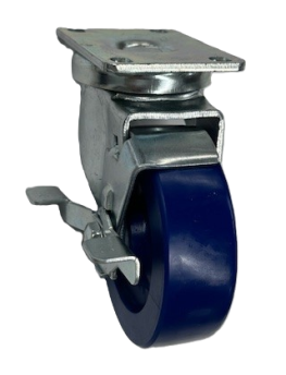 Caster; Swivel; 4" x 1-1/4"; Polyurethane (Solid); Plate (2-5/8"x3-3/4"; holes: 1-3/4"x2-3/4" slots to 3"; 5/16" bolt); Zinc; 300#; Dust Cover; Brake (Item #63900)