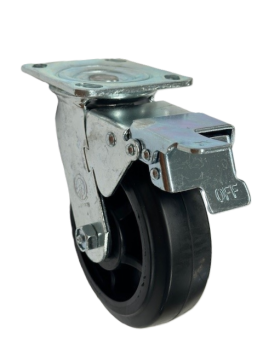 Caster; Swivel; 6" x 2"; Rubber on Nylon; Plate (4"x4-1/2"; holes: 2-5/8"x3-5/8" slotted to 3"x3"; 3/8" bolt); Zinc; Roller Brng; 500#; Total Lock (Trailing) (Item #64600)