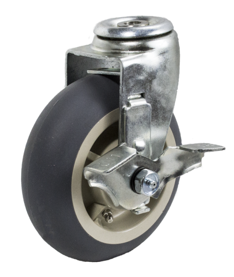 (image for) Caster; Swivel; 6" x 2"; ThermoPlastic Rubber Donut (Gray); Hollow Kingpin (1/2" bolt hole); Zinc; Roller Brng; 450#; Tread brake (Item #64275)