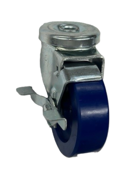 Caster; Swivel; 4" x 1-1/4"; Polyurethane (Solid); Hollow Kingpin (1/2" bolt hole); Zinc; Delrin Spanner; 350#; Dust Cover (Mtl); Wheel Brake (Item #63910)
