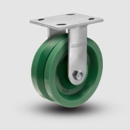 Caster; Rigid; 4" x 2"; V Groove (7/8") Polyurethane; Plate (4"x4-1/2"; holes: 2-5/8"x3-5/8" slots to 3"x3"; 3/8 bolt); Roller Brng; 350#; USA-Made; Warranty (Item #66759)