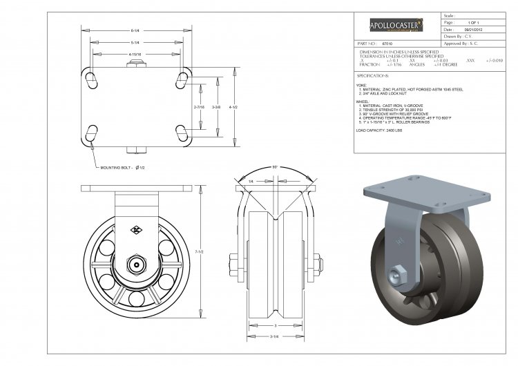 (image for) Caster; Rigid; 6" x 3"; V-Groove (1-3/8) Cast Iron; Plate (4-1/2"x6-1/4"; holes: 2-7/16"x4-15/16" slotted to 3-3/8"x5-1/4"; 1/2" bolt); Zinc; Roller Brng; 2400# (Item #66465)
