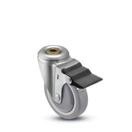 Caster; Swivel; 4"x1-1/4"; PolyU on PolyO (Gray); Hollow Kingpin (1/2 bolt); Zinc; Prec Ball Brng; 300#; Pedal Wheel Brake; Bearing Covers (Item #67365)