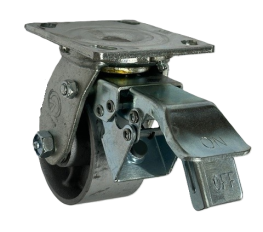 Caster; Swivel; 6" x 2"; Cast Iron; Top Plate (4"x4-1/2"; holes: 2-5/8"x3-5/8" slotted to 3"x3"; 3/8" bolt); Zinc; Roller Brng; 1200#; Total Lock (Leading) (Item #66029)
