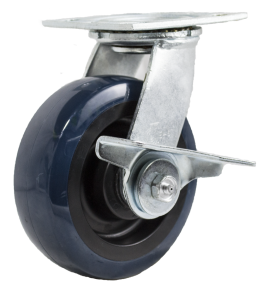 Caster; Swivel; 6" x 2"; PolyU on PolyO; Plate; 4"x4-1/2"; holes: 2-5/8x3-5/8 (slotted to 3x3); 3/8 bolt; Zinc; Roller Brng; 700#; Cam Style Wheel Brake (Item #65224)