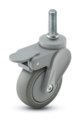 Caster; Swivel; 3" x 15/16"; PolyU on PolyO (Gray); Threaded Stem; 5/16"-18TPI x 1"; Gray GFN; Delrin Brng; 120#; Thread Guards; Pedal Brake (Item #63271)