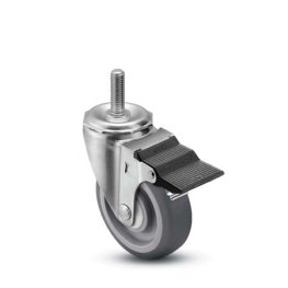 Caster; Swivel; 2" x 13/16"; Thermoplastized Rubber (Gray); Threaded Stem; 3/8"-16TPI x 1"; Zinc; Plain bore; 70#; Pedal Lock; Wheel (Item #68001)