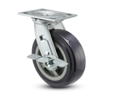 Caster; Swivel; 4" x 2"; Blue Thermo-Urethane; Plate (4"x4-1/2"; holes: 2-5/8"x3-5/8" slots to 3"x3"; 3/8" bolt); Zinc; Dual Sealed Prec Ball Brng; 600#; Brake (Item #63758)