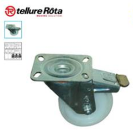 Caster; Swivel; 4" x 1-1/4"; Nylon; Plate (85mm x 100mm: holes: 60mmx80mm; 9mm bolt); Galvanized Steel; Plain bore; 350#; Total Lock (Trailing) (Item #63870)