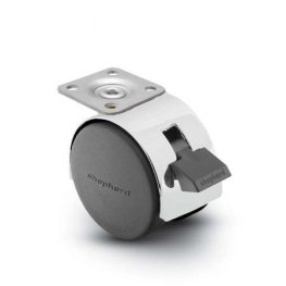 Caster; Twin; Swivel; 2" (50mm); Nylon; Plate; 1-3/16"x2"; holes: 13/16"x1-9/16"; 3/16" bolt; Bright Chrome; Zinc Body; 75#; Wheel Brake; Hood (Item #67739)