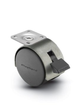 Caster; Twin; Swivel; 2" (50mm); Nylon; Top Plate; 1-3/16"x2"; hole spacing: 13/16"x1-9/16"; 3/16" bolt; Satin Chrome; Zinc Body; 75#; Wheel Brake; Hood (Item #67732)