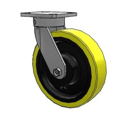 Caster; Swivel; 6" x 2"; PolyU (1/2"; 95A) on Cast; Plate (4"x4-1/2"; holes: 2-5/8"x3-5/8" slots to 3"x3"; 3/8" bolt); 6203 Prec Ball Brngs; 2000#; Kingpinless (Item #63252)