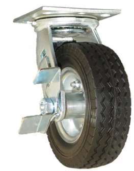 Caster; Swivel; 10" x 3"; Flat Free; Plate (4"x4-1/2"; holes: 2-5/8"x3-5/8" slots to 3x3; 3/8 bolt); Prec BB; 280#; Sawtooth tread; Bolt-together Hub; Brake (Item #64208)