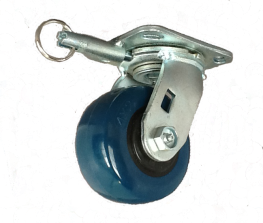 Caster; Swivel; 6"x2"; PolyU on PolyO (Blue); Plate; 4"x4-1/2"; holes: 2-5/8"x3-5/8" (slotted to 3"x3"); 3/8" bolt; Zinc; Roller Brng; 900#; Position Lock (Item #69336)