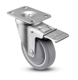 Caster; Swivel; 4"x1-1/4"; TPR Rubber; Plate (2-5/8"x3-3/4"; holes: 1-3/4"x2-3/4" slots to 3"; 5/16 bolt); Zinc; Prec BB; 260#; Total Lock; Thrd Grds (Item #67229)