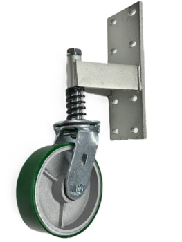 Spring Loaded Gate Swivel Caster; 6" x 2"; PolyU on Cast Iron; Bracket (11"x4"; 8 holes 1-3/4" (slotted to 3") x 9-1/2"; 7/16" bolt); Zinc; Roller Brng; 700# (Item #65909)