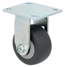 Caster; Rigid; 6" x 2"; Thermoplastized Rubber (Black); Plate; 4"x4-1/2"; holes: 2-5/8"x3-5/8" (slotted to 3"x3"); 3/8" bolt; Zinc; Prec Ball Brng; 500# (Item #63439)