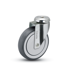 Caster; Swivel; 3" x 1-1/4"; Thermoplastized Rubber (Gray); Hollow Kingpin (1/2" bolt hole); Stainless; Precision Ball Brng; 190#; Thread guards (Item #64402)