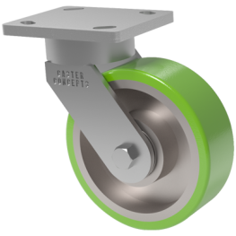 Caster; Swivel; 8" x 2"; T/R Polyurethane (Gray); Plate; 6"x7": holes: 4-5/8"x5-1/2"; 1/2" bolt; Zinc; Roller Brng; 1200#; Kingpinless (Item #63395)