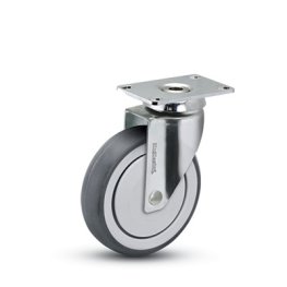Caster; Swivel; 4" x 1-1/4"; TPR Rubber (Gray); Plate (2-5/8"x3-3/4"; holes: 1-3/4"x2-7/8" slotted to 3"); Chrome; Prec BB; 240#; Thread Guards (Item #64376)