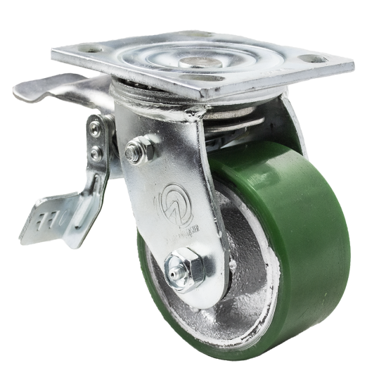 (image for) Caster; Swivel; 8" x 2"; PolyU on Cast Iron; Plate (4"x4-1/2"; holes: 2-5/8"x3-5/8" slots to 3x3; 3/8 bolt); Roller Brng; 1250#; Total Lock (Leading) (Item #66799)