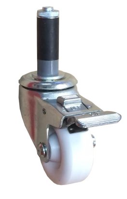 Caster; Swivel; 3" x 1-1/4"; White Crowned Polyolefin; Expandable Adapter (1-1/8"-1-3/16" ID tubing); Zinc; Plain bore; 300#; Pedal Lock; Both; Dustcap (Item #69289)