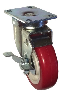 Caster; Swivel; 5"x1-1/2"; PolyU on PolyO (Red); Plate (4x4-1/2; holes: 2-5/8x3-5/8 slotted to 3x3; 3/8 bolt); Zinc; Roller Brng; 600#; Tread Brake (Item #67001)