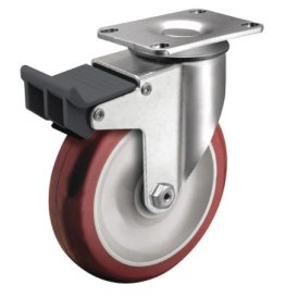 Caster; Swivel; 4" x 1-1/4"; PolyU on PolyO (Red); Plate (2-1/2"x3-5/8": holes: 1-3/4"x2-13/16" (slot to 3-1/16"); 5/16" bolt); Ball Brng; 275#; Total Lock Brk (Item #63776)