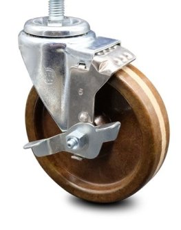 Caster; Swivel; 5" x 1-1/4"; Phenolic High Temp (DRY); Threaded Stem (1/2"-13TPI x 2-3/4"); Zinc; 300#; Dust Cover (Mtl); 475° Cont / 525° Intermittent; Brake (Item #63525)