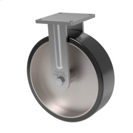 Caster; Rigid; 18" x 5"; 1" 70D PolyU on Steel; Plate (8-1/2"x8-1/2"; holes: 7"x7"; 5/8" bolt); Gold Dichromate; Prec Tapered Brng; 9000# (Item #63688)