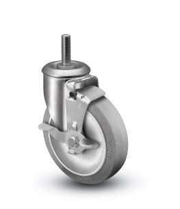Caster; Swivel; 4" x 1"; Thermoplastized Rubber (Gray); Threaded Stem (7/16"-14TPI x 2-1/4"); Zinc; Plain bore; 190#; Wheel Brake (Item #65643)