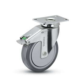Caster; Swivel; 3" x 1-1/4"; Anti-Microbial TPR; Plate (2-1/2"x3-5/8"); Stainless Steel; Precision Ball Brng; 165#; Thread guards; Total Lock (Item #64496)