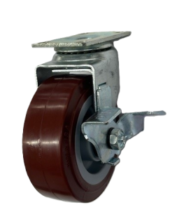 Caster; Swivel; 5" x 2"; PolyU on PolyO (Blue); Plate (2-1/2"x3-5/8"; holes: 1-3/4"x2-7/8" slotted to 3"; 5/16" bolt); Zinc; Roller Brng; 375#; Tread brake (Item #65267)