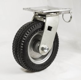 Caster; Swivel; 8" x 2"; Foam-Fill Flat Free (BK); Plate (4"x4-1/2"; holes: 2-5/8"x3-5/8" slots to 3"x3"; 3/8" bolt); Zinc; Prec Ball Brng; 150#;Pos.Lock 4 Way (Item #63953)