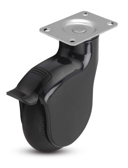 Caster; Swivel; 4 x 1-1/4; Neoprene Rubber (Black); Plate (2-5/8"x3-3/4"; holes:1-3/4"x2-3/4" slotted to 3"); Black Finish; Prec BB; 225#; Thread guards; Brake (Item #65386)