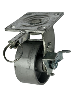 Caster; Swivel; 4 x 2; Cast Iron; Plate; 4x4-1/2; holes: 2-5/8x3-5/8 (slotted to 3x3); 3/8 bolt; Zinc; Roller Brng; 900#; Position Lock; Top lck brk (Item #69199)