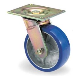 Caster; Swivel; 5" x 1-1/4"; PolyU on Alum (Blue); Plate (2-1/2"x3-11/16"; holes: 1-3/4"x2-7/8" slotted to 3"; 5/16" bolt); Zinc; Prec BB; 275#; Dustcap (Item #65782)