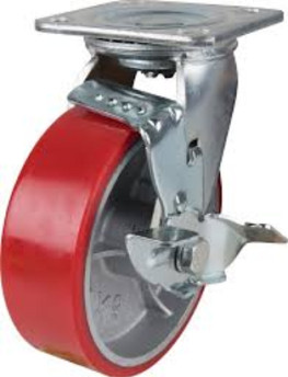 Caster; Swivel; 8"x2"; PolyU on Cast; Plate; 4-1/2"x6-1/4"; holes: 2-7/16"x4-15/16" (slots to 3-3/8"x5-1/4"); 1/2" bolt; Roller Brg; 1400#; Brake; Pos Lock (Item #67186)