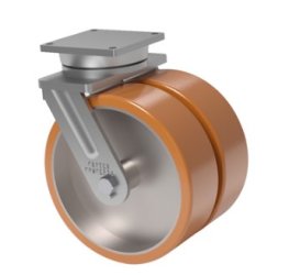 Caster; Swivel; 12" Dual 5" wheels; 95A PolyU on Steel; Plate (8-1/2"x8-1/2"; holes: 7"x7"; 5/8" bolt); Tapered Brng; 13000#; Brake; Swivel Lock; Kingpinless (Item #63544)