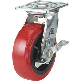 Caster; Swivel; 5" x 2"; PolyU on PolyO (Red/ Black); Plate; 4"x4-1/2"; holes: 2-5/8"x3-5/8" (slotted to 3"x3"); 3/8" bolt; Zinc; Roller Brng; 750#; Wheel Brake (Item #67821)